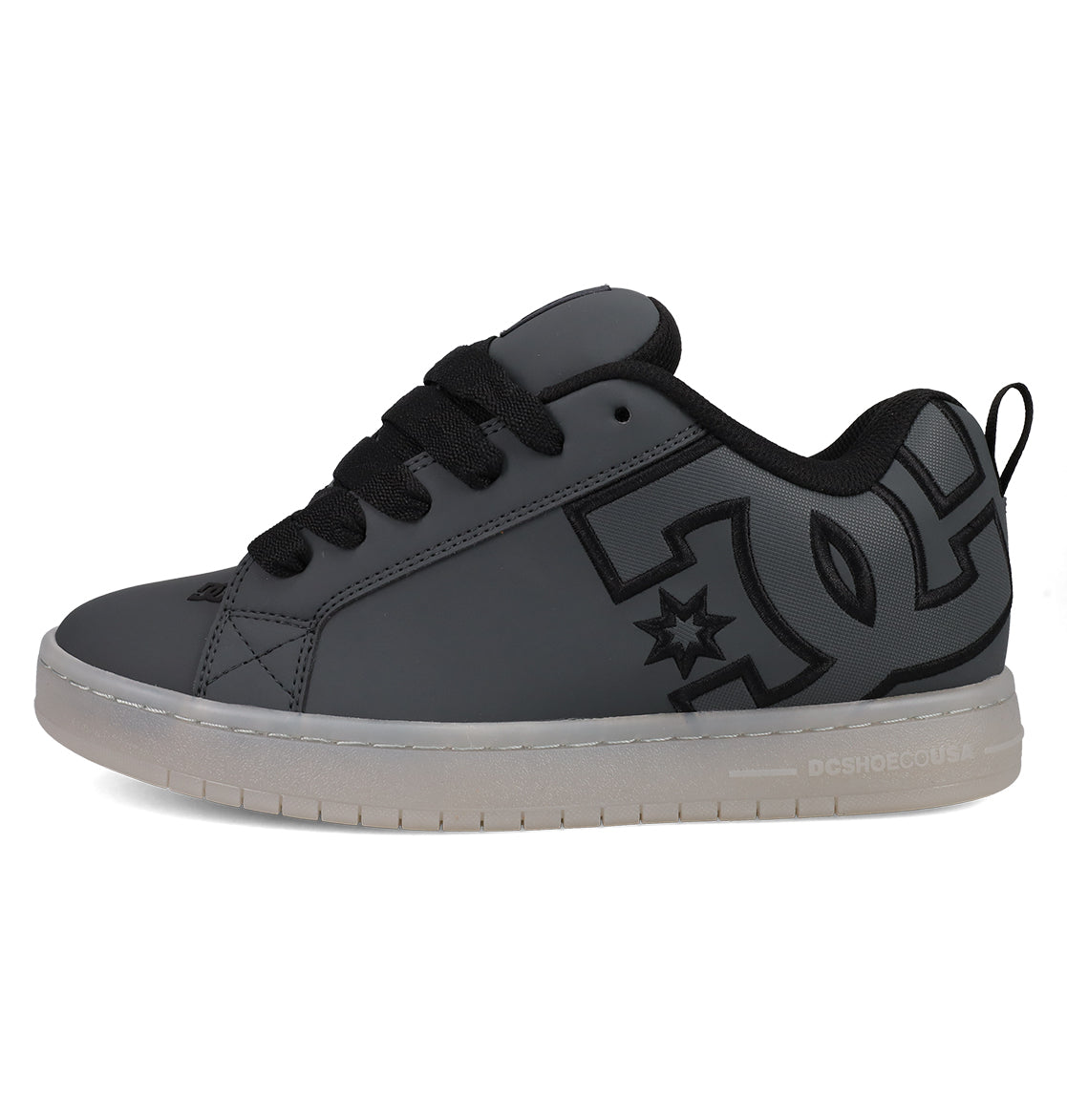 The Men's Court Graffik SE Shoes by DC Shoes feature a dark gray, puffy silhouette with black laces and detailing, a prominent DC Shoes logo on the side, and a white sole with subtle branding near the heel.