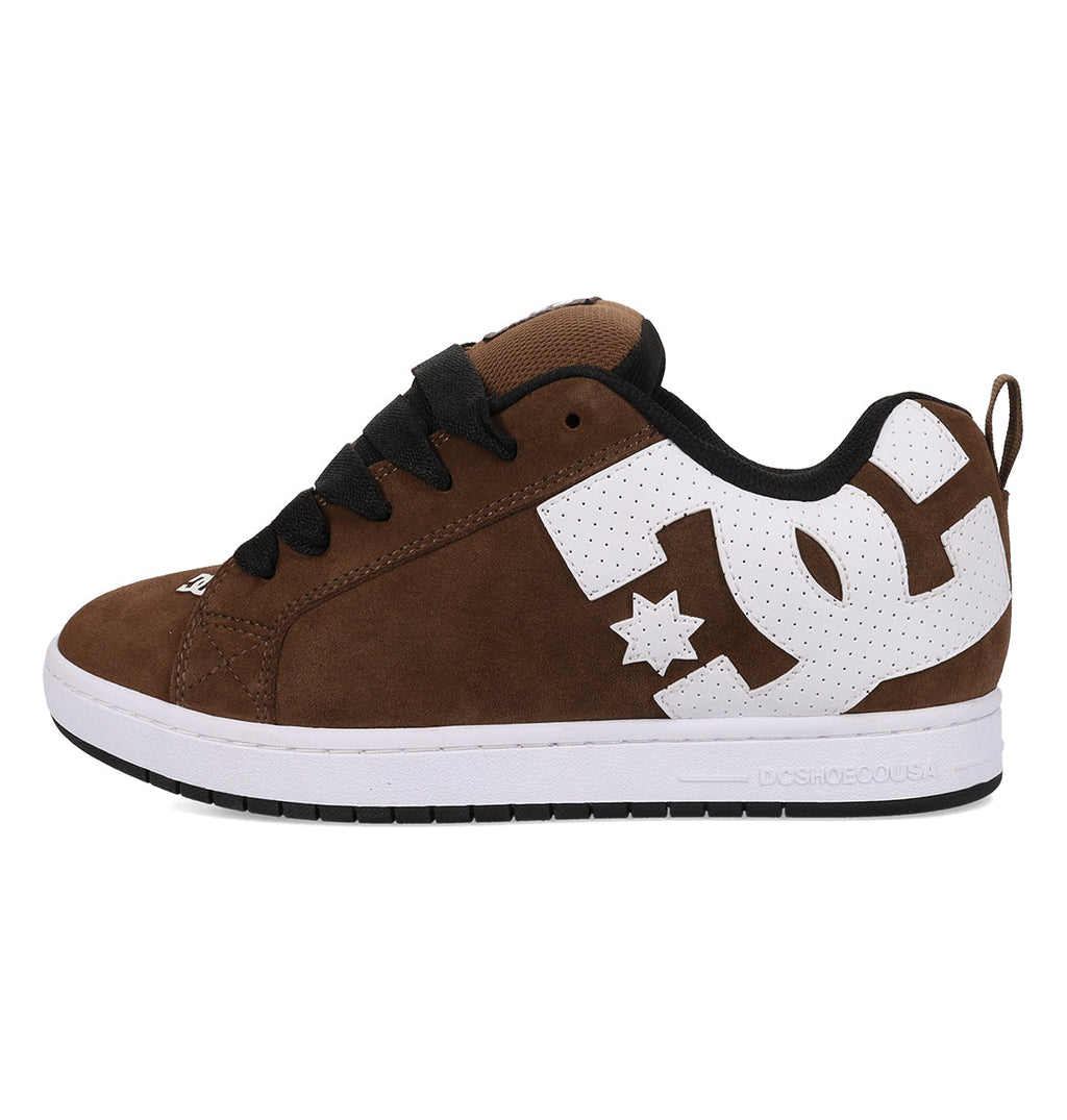 The DC Shoes Men’s Court Graffik Special Edition Shoes feature a brown and white colorway, a puffy silhouette, black laces, a bold white DC logo on the side, and a white sole accented with black trim.