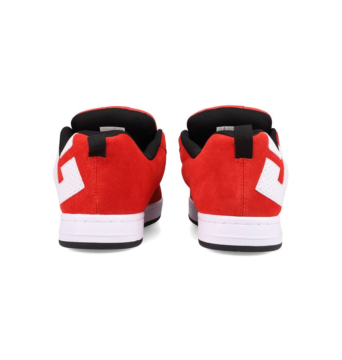 The Men's Court Graffik SE Shoes by DC Shoes feature a red suede upper, puffy silhouette, white soles, and white geometric side designs, displayed from the back on a plain white background.