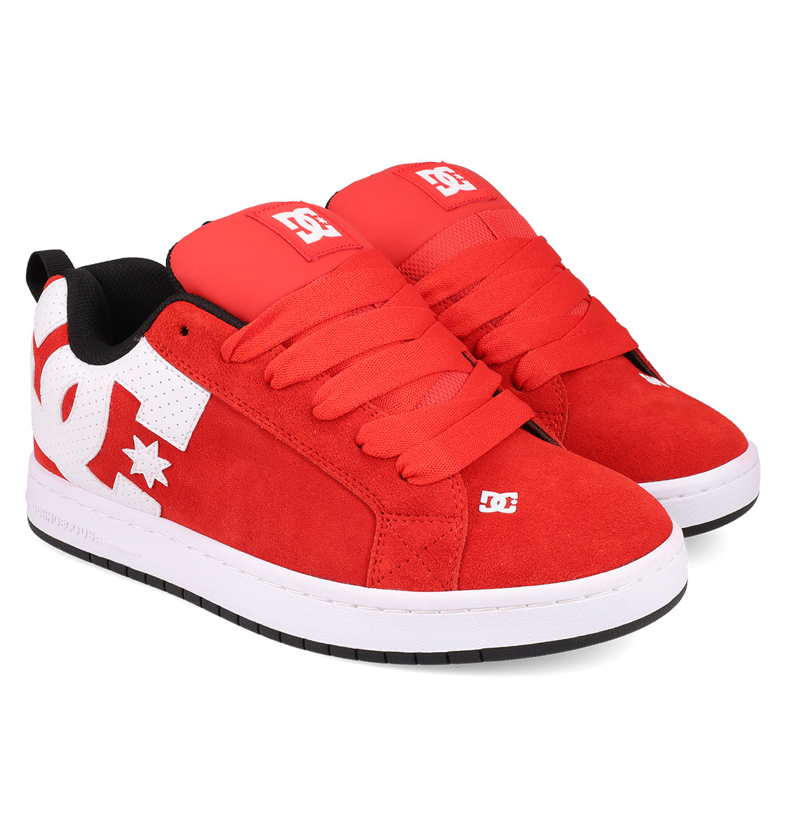 Men's Court Graffik SE Shoes by DC Shoes: red skate shoes with a puffy silhouette, white logos, thick laces, black interior, and white soles, shown on a white background.