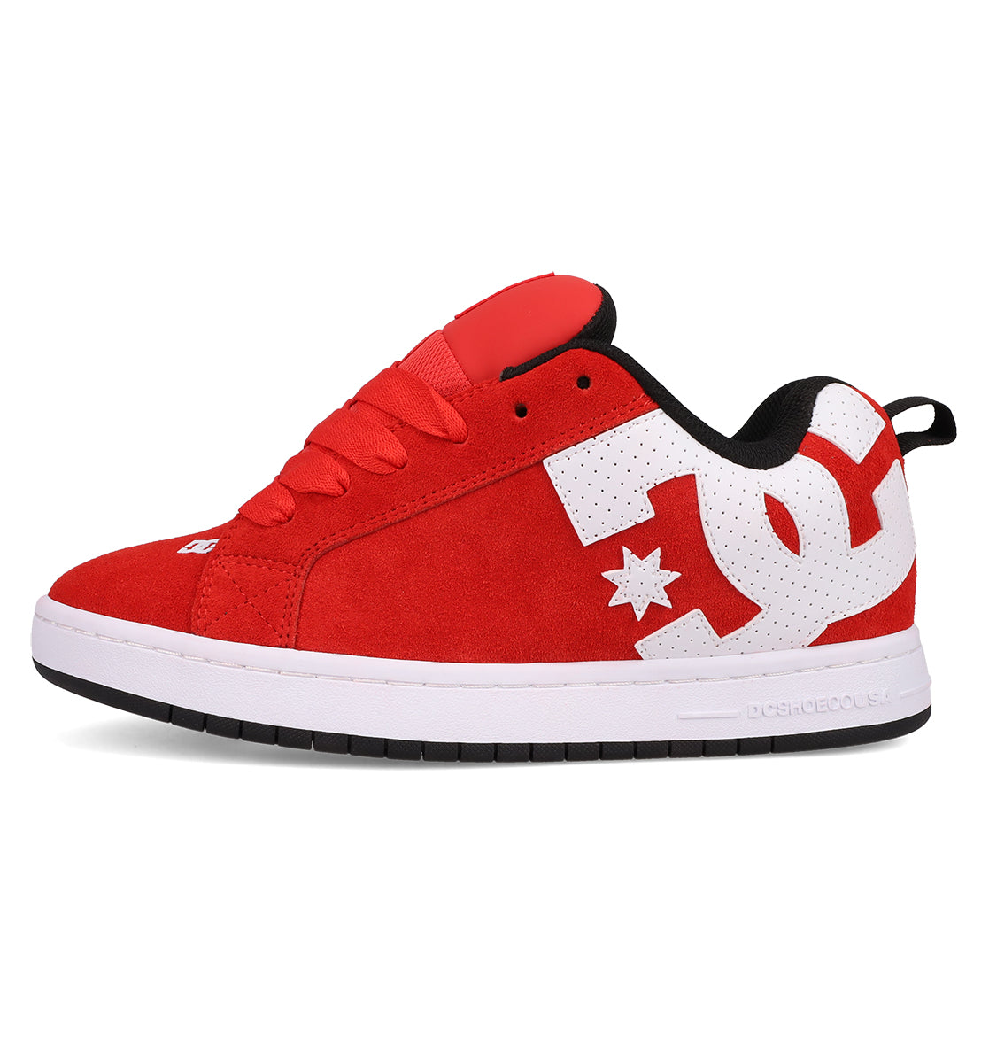 The Men's Court Graffik SE Shoes by DC Shoes feature a red suede upper, puffy silhouette, white sole, black inner lining, large white DC logo on the side, and red laces—offering premium materials for lasting wear.