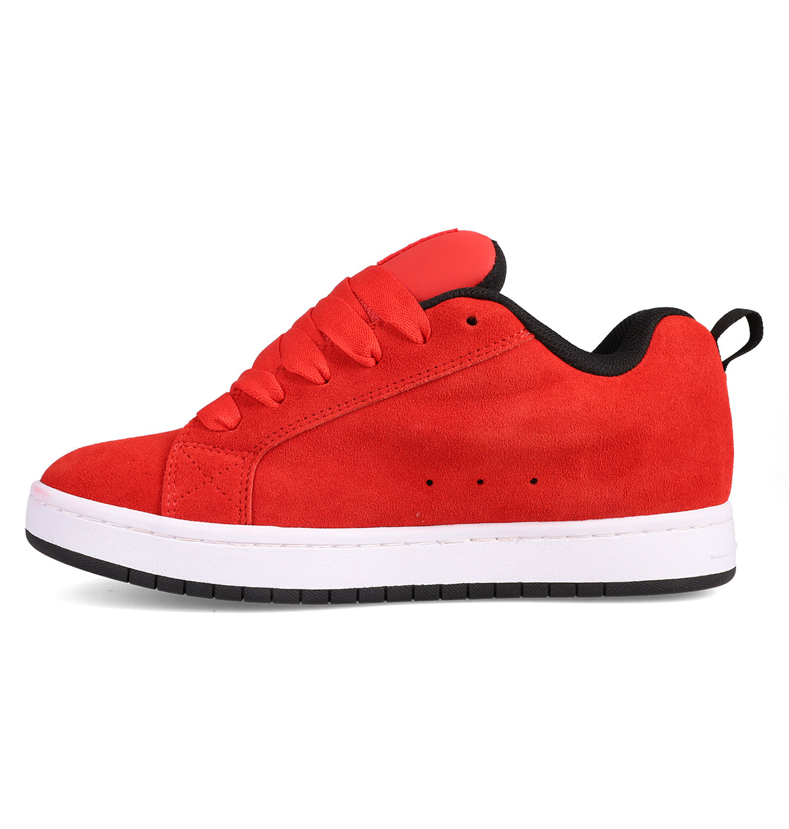 The Men's Court Graffik SE Shoes by DC Shoes feature a bright red suede upper, thick laces, a white midsole, and a black outsole. Shown in side profile on a plain white background.