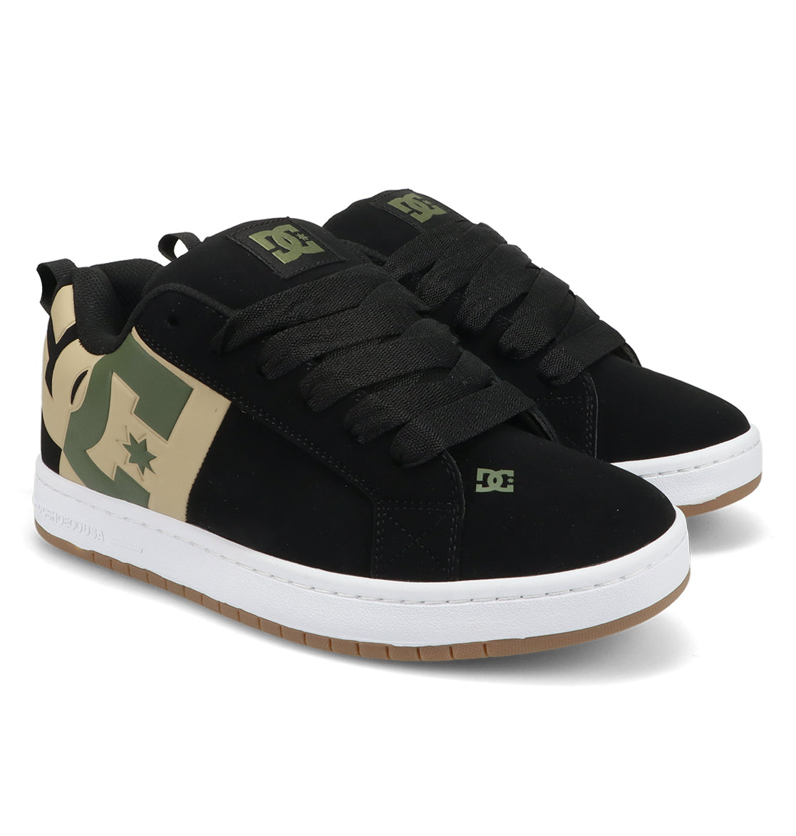 A pair of DC Shoes Men’s Court Graffik Special Edition skate shoes in black, showcasing a classic puffy silhouette with thick black laces, white soles, and distinctive tan and green DC logo accents on the sides and heel, displayed against a white background.