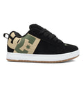 The Men’s Court Graffik Special Edition Shoes by DC Shoes are black skate shoes featuring a beige and green DC logo on the side, a classic puffy silhouette, black laces, white midsole, and brown outsole. They are shown from a side view against a white background.