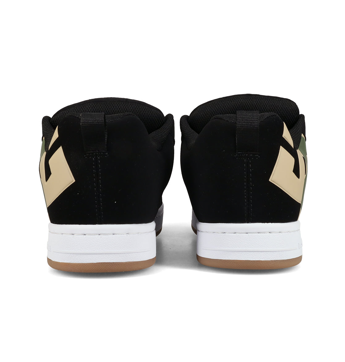 Back view of a pair of Men’s Court Graffik Special Edition Shoes by DC Shoes in black, showcasing their classic puffy low-top silhouette with white midsoles, brown outsoles, and beige geometric accents on the heels. The shoes are positioned side by side on a white background, highlighting the iconic Court Graffik style with subtle DC Shoes logo detailing.