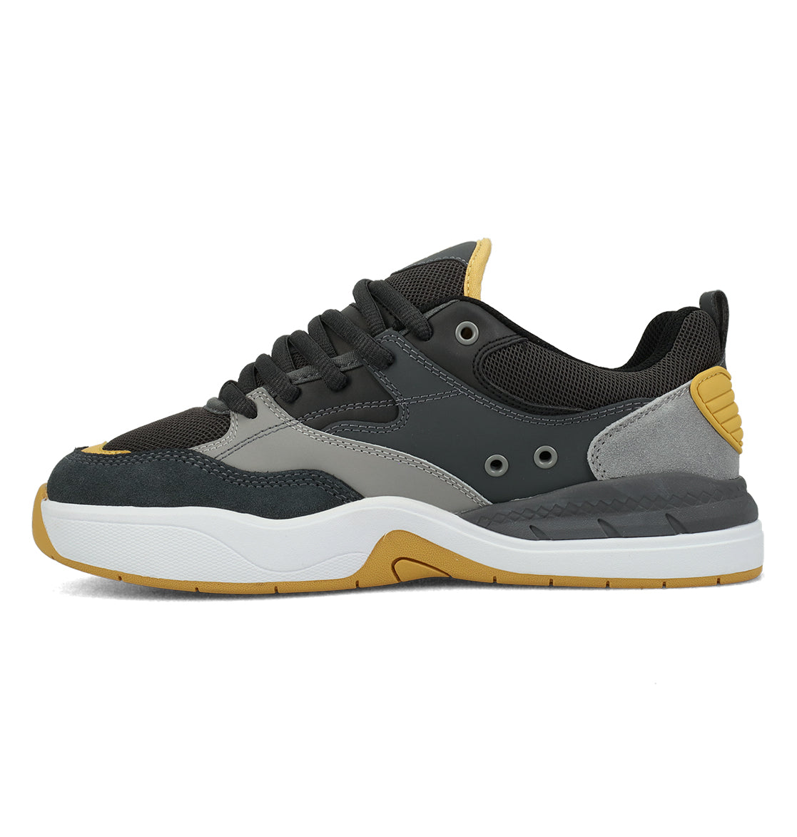 The DC Shoes Men’s Ascend Skate Shoes are a modern athletic sneaker inspired by the brand’s DNA, featuring black, grey, and yellow accents with a white sole, black laces, and mesh details for contemporary comfort. The shoes are photographed on a plain white background.