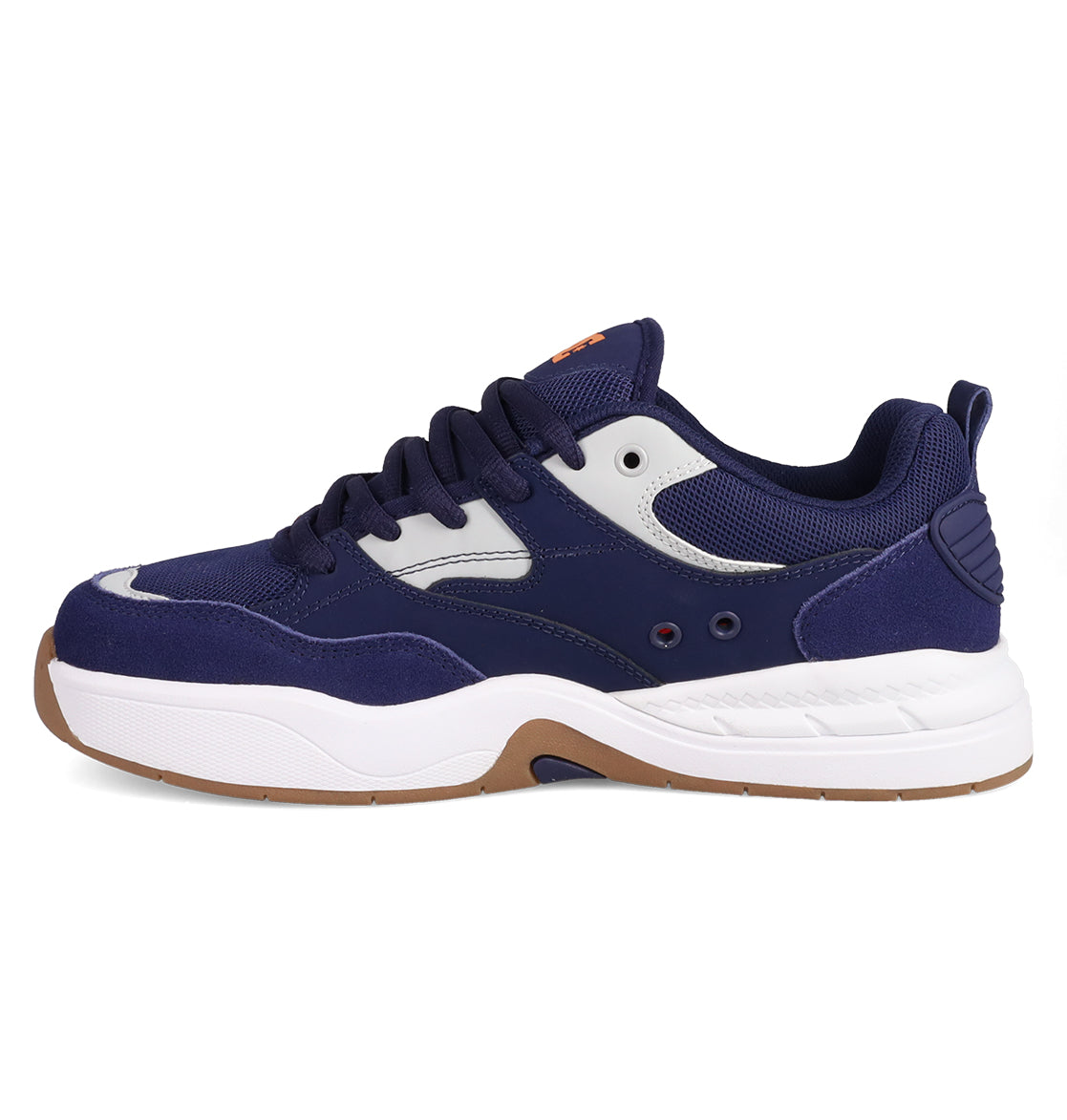 The Men’s DC Ascend S Shoes by DC Shoes feature a chunky navy blue and white design with mesh and suede panels, thick white sole, navy laces, and brown rubber outsole accents, inspired by Josh Kalis and classic DC DNA.