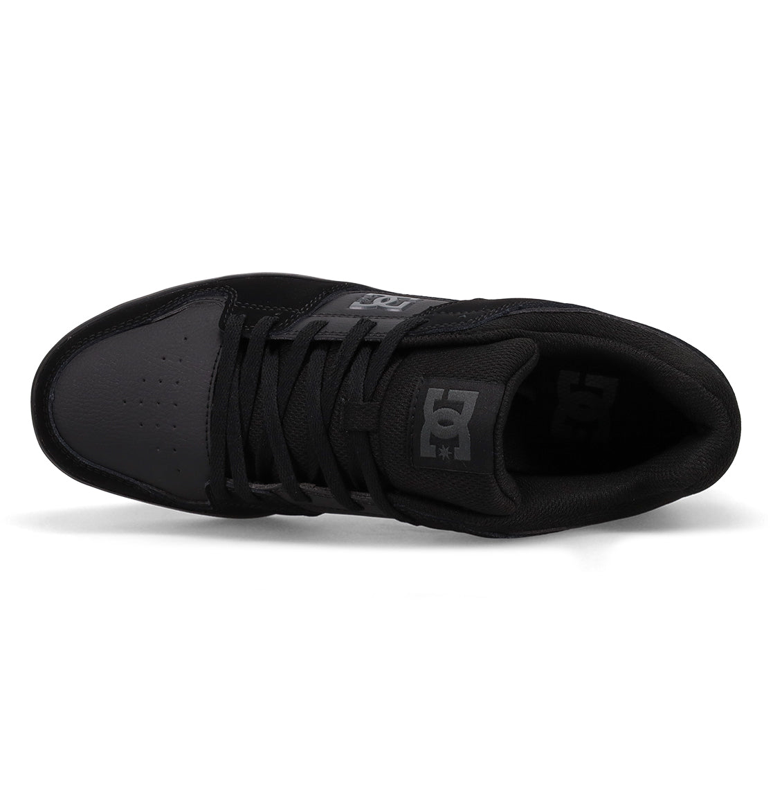 The Men’s DC Cure Shoes by DC Shoes, shown here in black from an overhead view, boast a rugged leather suede upper, visible lacing, a cushioned tongue displaying the signature DC Shoes logo, and a perforated toe box—making them an ideal choice for daily wear that balances both comfort and style.