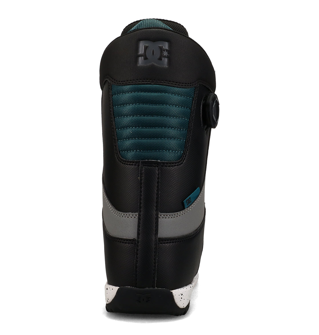 A black and teal pair of DC Shoes Men’s Control Snowboard Boots is shown from the back, highlighting padded stitching, a sturdy thick sole, and gray and blue accent details—making them an excellent option for snowboarding. These boots combine comfort and style for your days on the slopes.