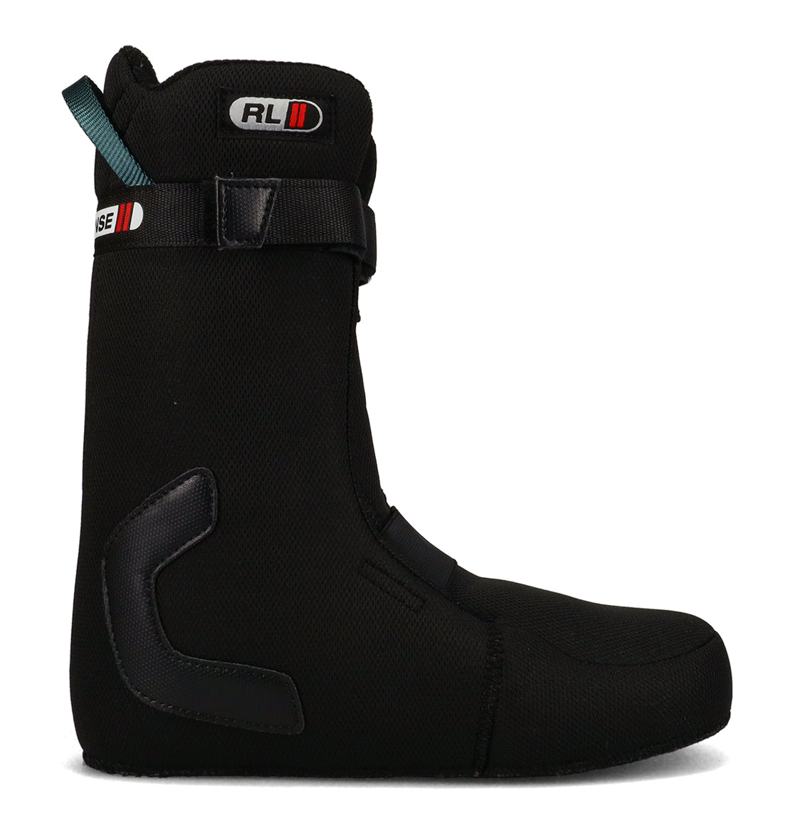 A black DC Shoes boot liner with a side strap, ankle padding, and a green pull tab at the back is shown in profile against a white background—designed to enhance comfort and support in Men’s Control Snowboard Boots during your snowboarding adventures.