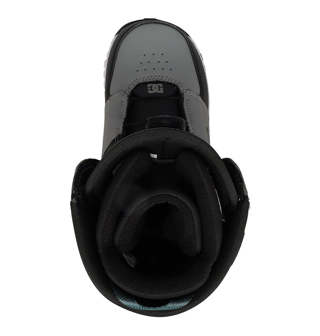 Top view of a gray and black DC Shoes Men’s Control Snowboard Boot, featuring thick padding and visible stitching with an open entry and tongue area—designed for superior comfort and control while snowboarding.