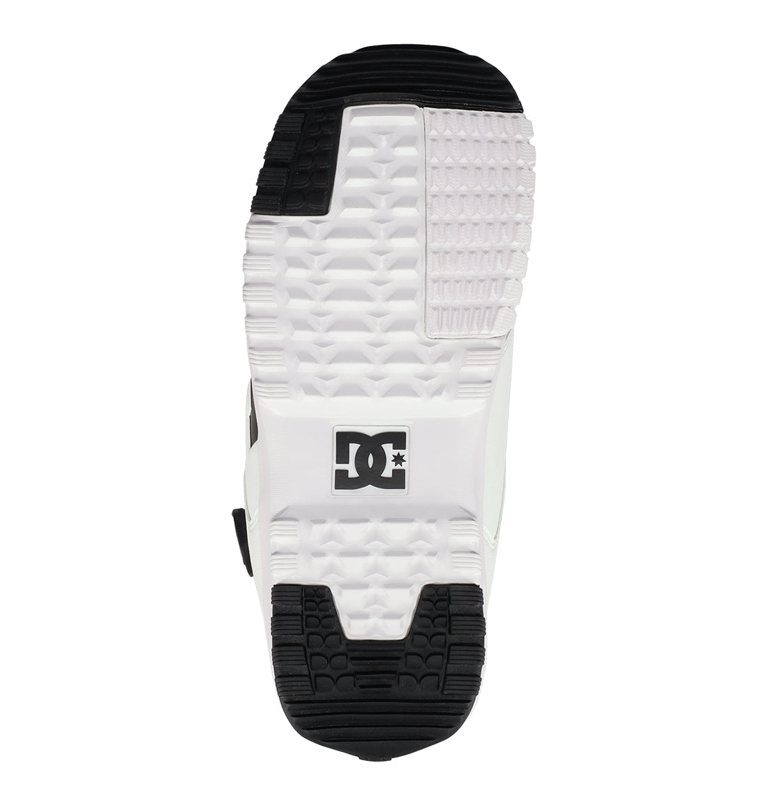 The sole of a white and black DC shoe, viewed from the bottom, showcases the iconic DC logo in black at the center with a textured grip pattern—reminiscent of the durable traction found on DC Shoes Men’s Control Snowboard Boots.