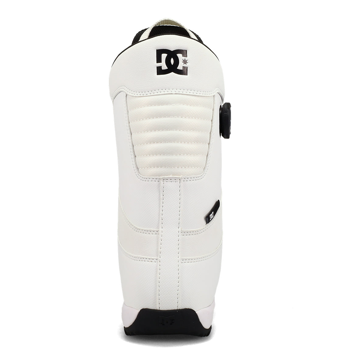 Rear view of a white pair of DC Shoes Men’s Control Snowboard Boots featuring black accents, a padded upper, and a black DC Shoes logo near the top. These men’s snowboard boots from DC Shoes deliver both style and comfort for your time on the slopes.