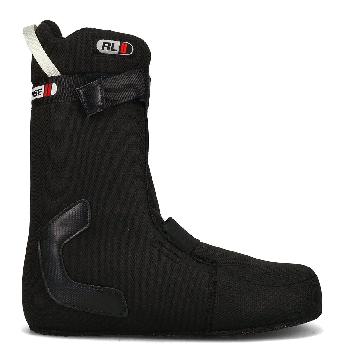 A black liner from the DC Shoes Men’s Control Snowboard Boots features a white pull loop, a Velcro strap at the top, and reinforced padding on the heel and side. Inspired by men’s snowboard boot designs, it offers a smooth texture and minimalistic look for enhanced comfort and functionality.