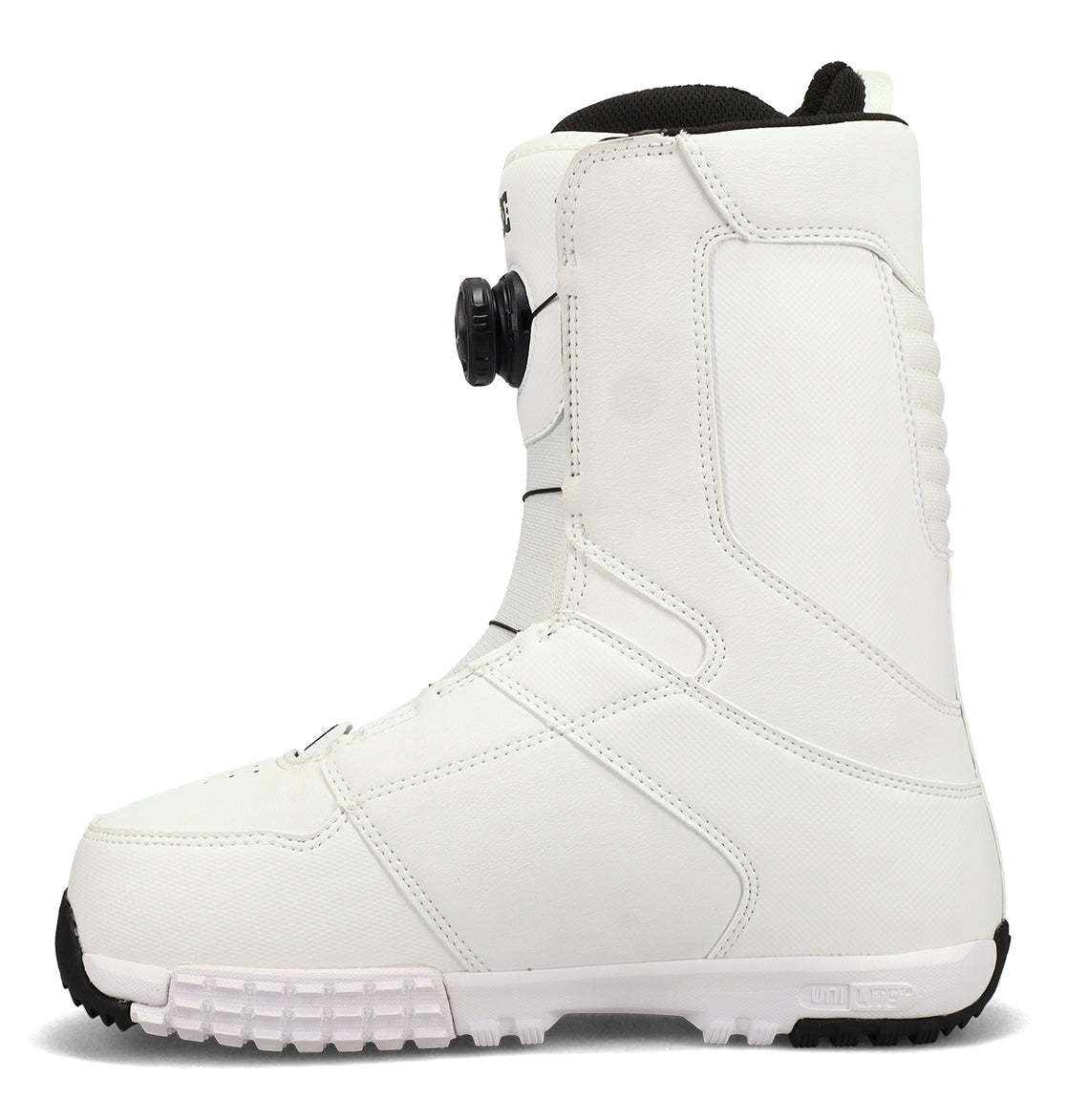 A pair of DC Shoes Men’s Control Snowboard Boots in white with black accents, featuring a textured sole and a black side dial closure system, displayed against a white background.