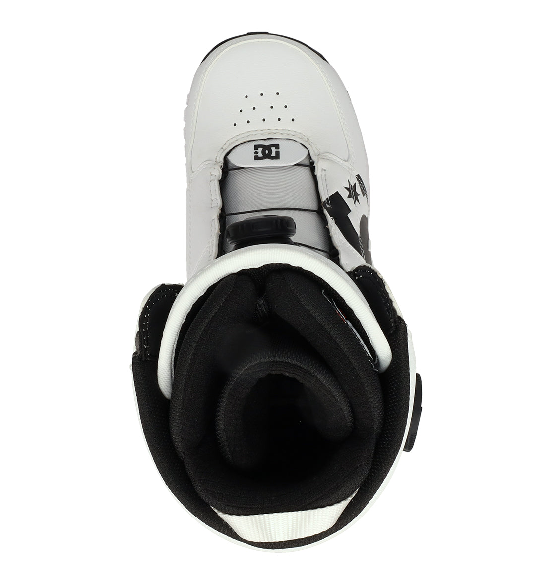 A top view of a white and black men’s snowboard boot from DC Shoes, featuring the DC logo, black laces, and a padded interior—demonstrating the quality design of the Men’s Control Snowboard Boots.