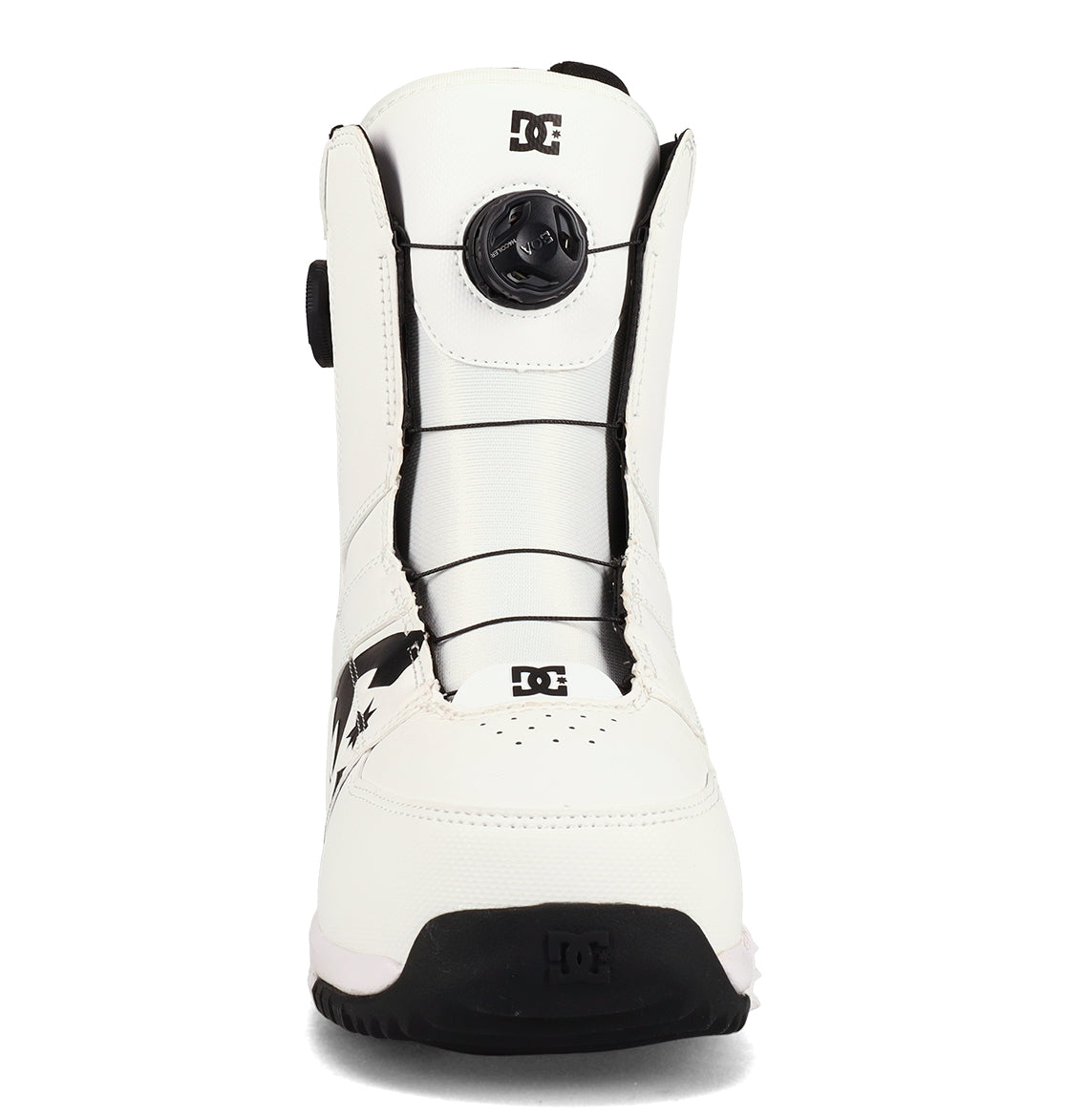 A front view of the DC Shoes Men’s Control Snowboard Boots showcases a white design with black accents, a round tightening dial on the tongue, and a black sole—ideal for anyone seeking dependable snowboard boots.