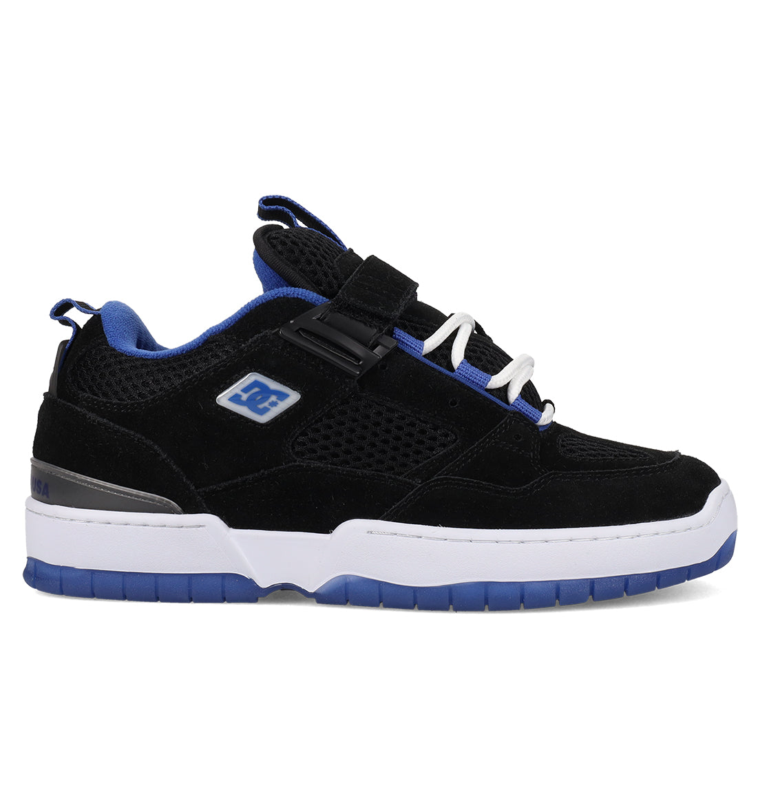 Introducing the Men’s JS-1 Shanahan Pro Skate Shoes by DC Shoes—a black and blue skate shoe with a white sole featuring the signature DC Pill Pattern Outsole, mesh and suede upper accents, the iconic DC logo on the side, blue inner lining, white laces, a foam padded collar for enhanced comfort, and a strap across the tongue.