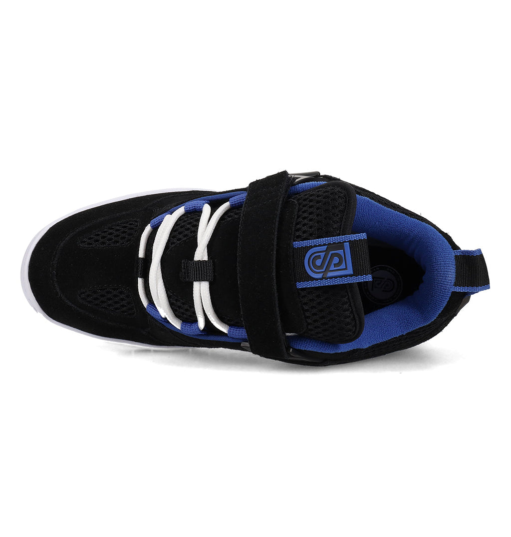 Men’s JS-1 Shanahan Pro Skate Shoes by DC Shoes, shown from above in black with blue accents, feature a mesh upper, white laces, and a black velcro strap. The foam padded collar provides added comfort and support, while the blue inside lining and a blue-and-black logo on the tongue complete the design.
