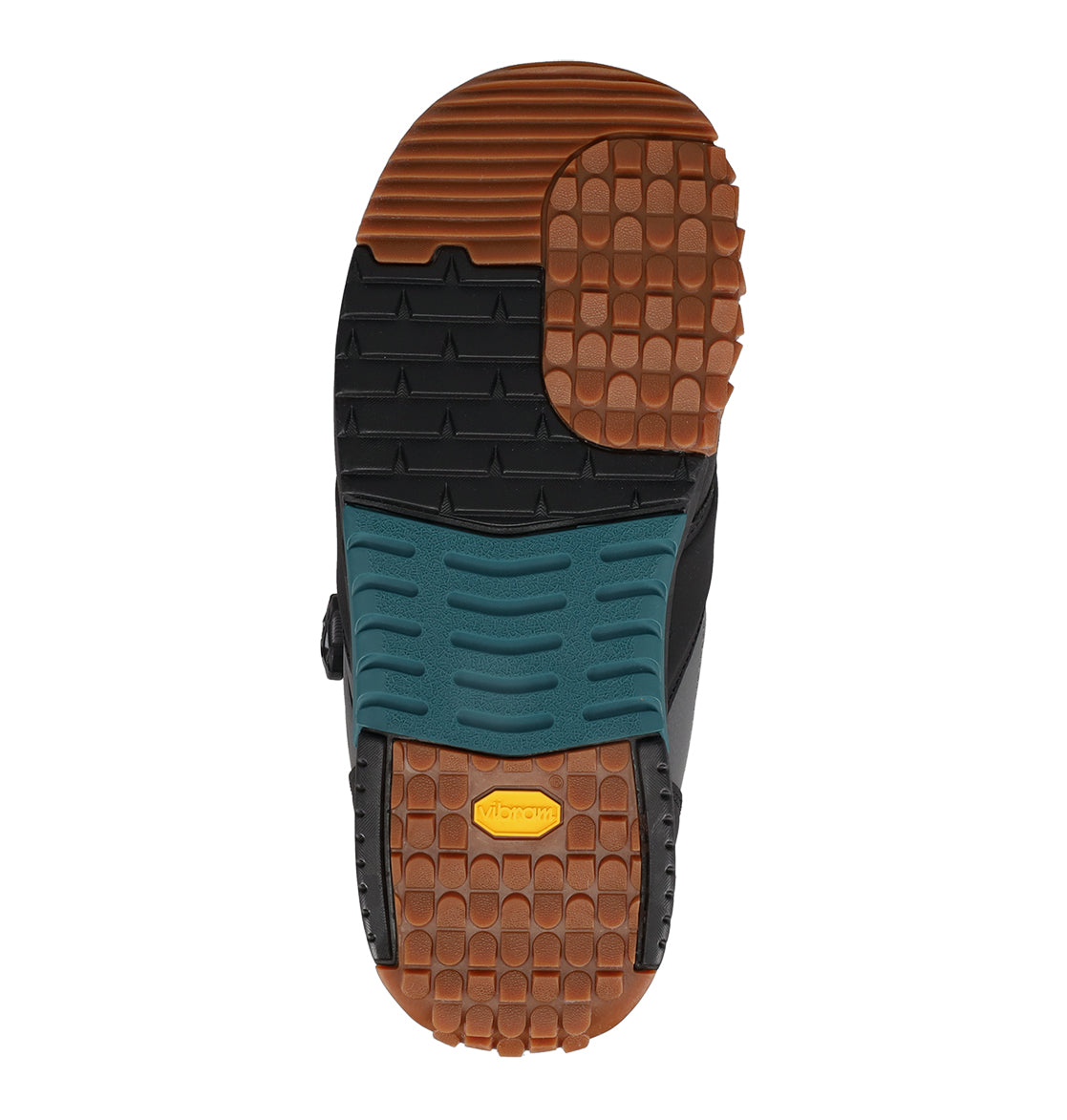 The image shows the sole of the DC Shoes Men’s Judge Snowboard Boots, featuring a combination of brown, black, and teal rubber sections accented by a yellow Vibram logo at the center. The tread incorporates square and wavy textured patterns to enhance grip, making these boots ideal for navigating icy or rugged terrain.
