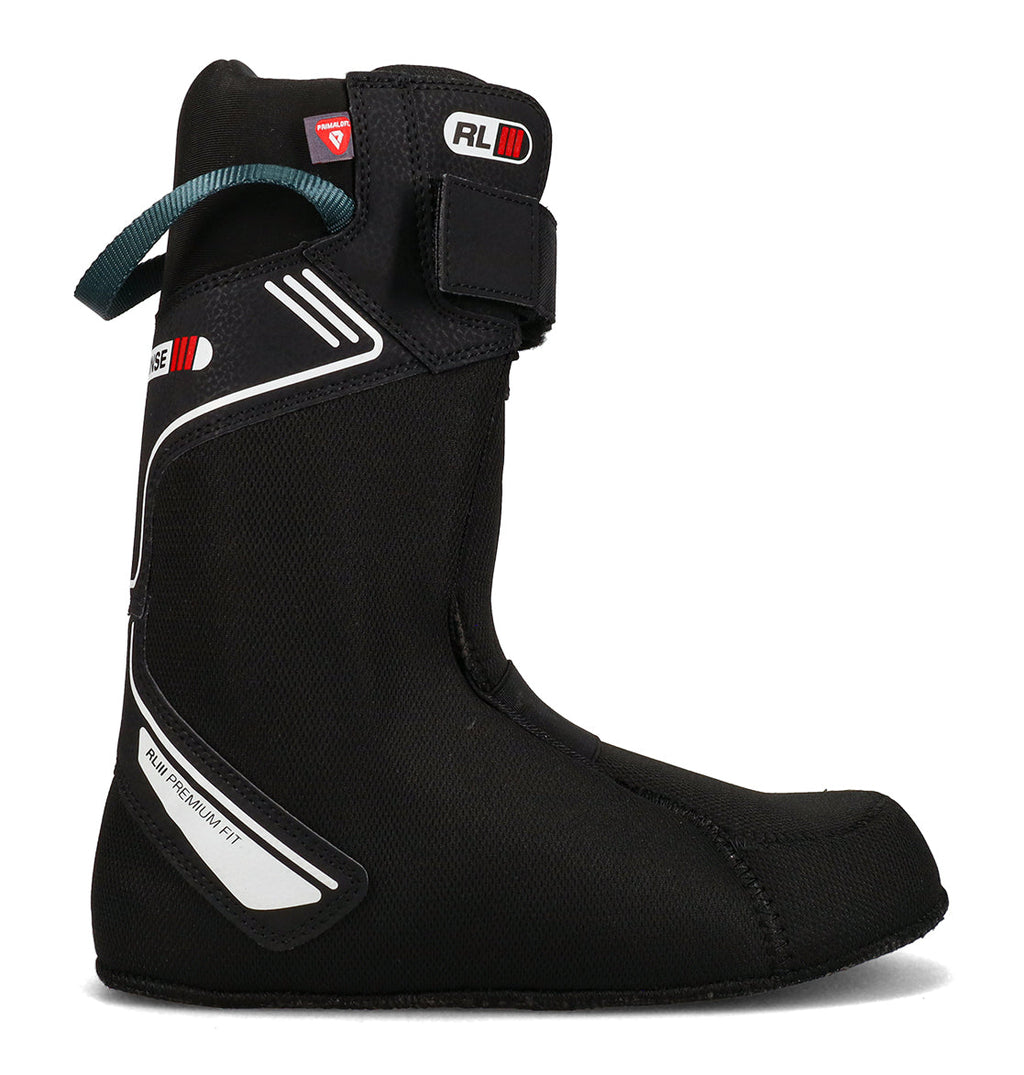 A black liner designed for the DC Shoes Men’s Judge Snowboard Boots, featuring white and red accents, a blue pull loop at the back, and a Velcro strap near the top for securing the fit around the leg—ideal for enhancing comfort and support.