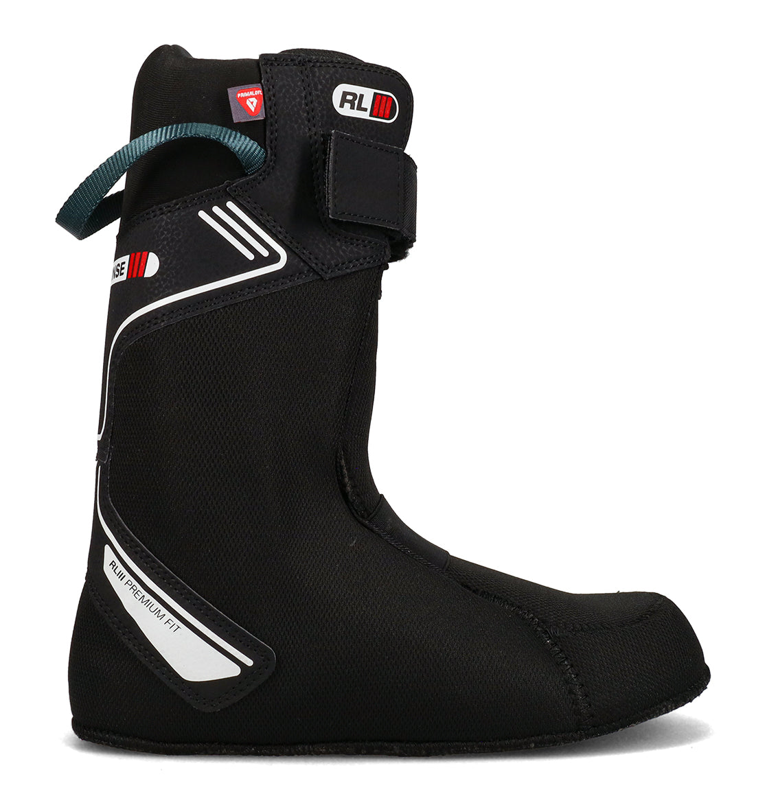 A black liner designed for the DC Shoes Men’s Judge Snowboard Boots, featuring white and red accents, a blue pull loop at the back, and a Velcro strap near the top for securing the fit around the leg—ideal for enhancing comfort and support.