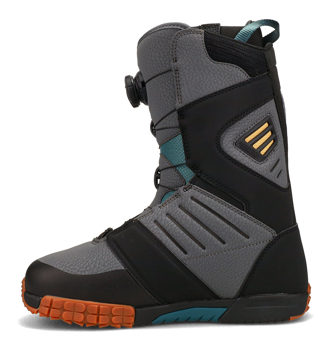 A profile view of the DC Shoes Men’s Judge Snowboard Boots in gray and black, featuring an orange outsole, teal accents, and a black fastening dial on the side, facing left.