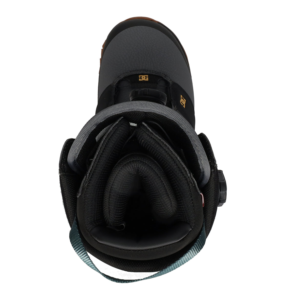 A top view of the DC Shoes Men’s Judge Snowboard Boots in black, featuring padded gray lining, a teal pull strap at the heel, and gold DC logos on the tongue and side—an ideal choice for quality-focused snowboarders.