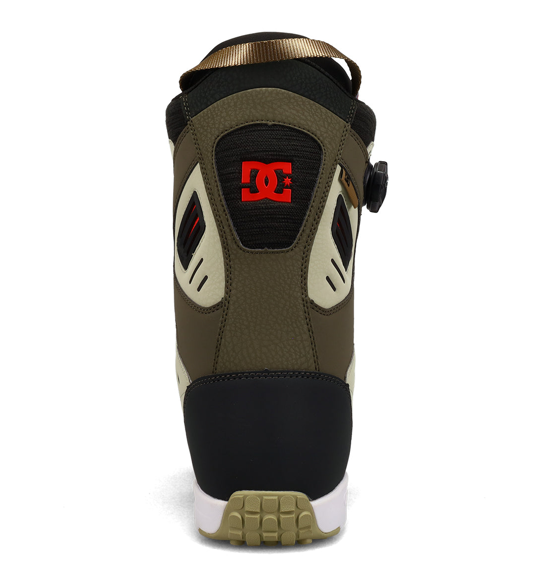 A rear view of the DC Shoes Men’s Judge Snowboard Boots in olive green, black, beige, and white, showcasing the red DC logo on the heel and a ridged beige outsole.