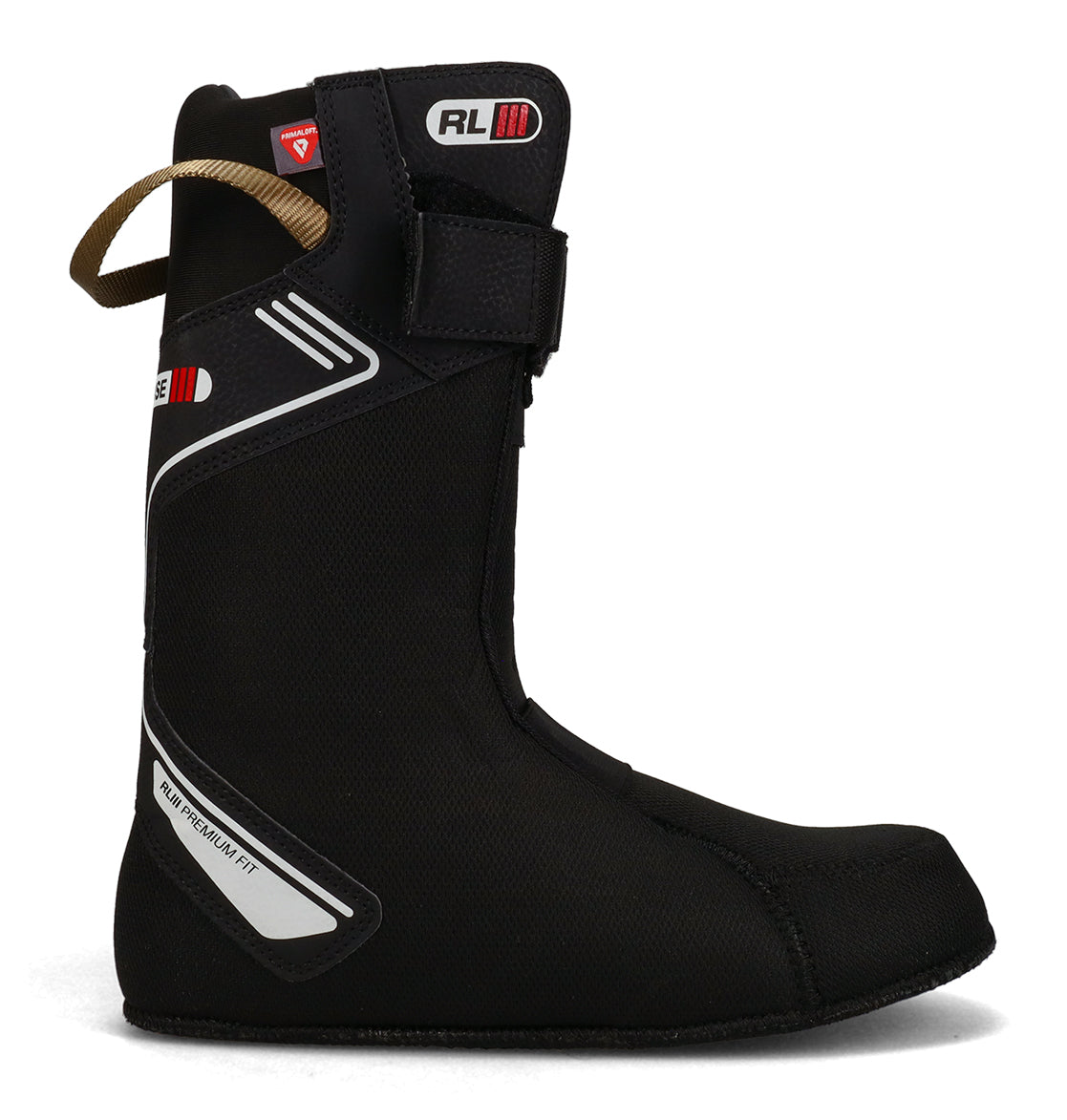 A side profile view of the DC Shoes Men’s Judge Snowboard Boots is displayed on a white background, showcasing a black liner with white and red accents and a brown pull strap at the back.