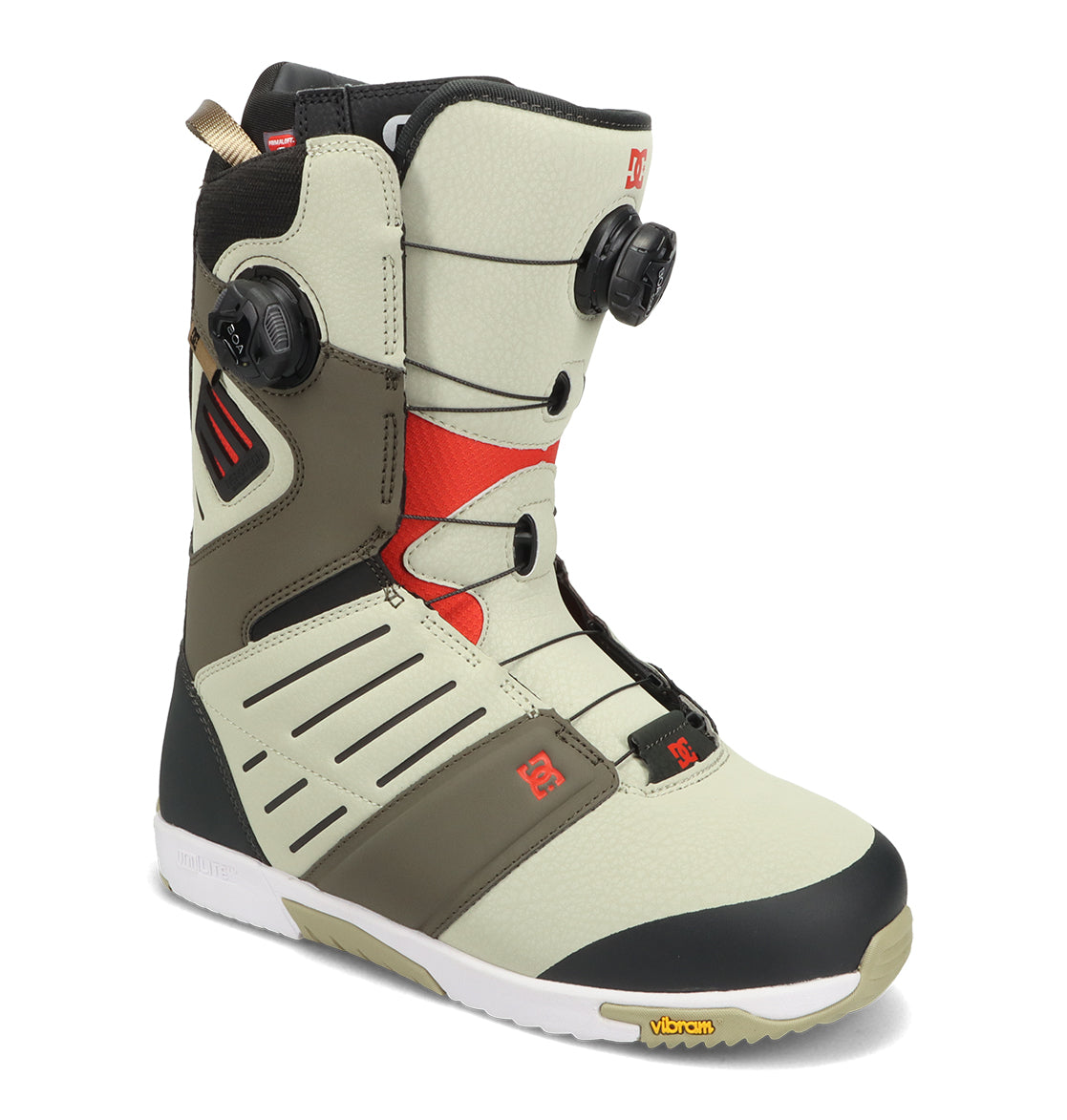 The Men’s Judge Snowboard Boots by DC Shoes feature a light gray and olive green design with black and red accents, a dial lacing system, a white Vibram sole, and reinforced stitching.