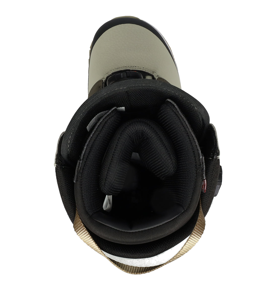 Top view of a single DC Shoes Men’s Judge Snowboard Boot in beige and black, featuring an open lace design and showcasing its padded, cushioned interior and detailed construction.