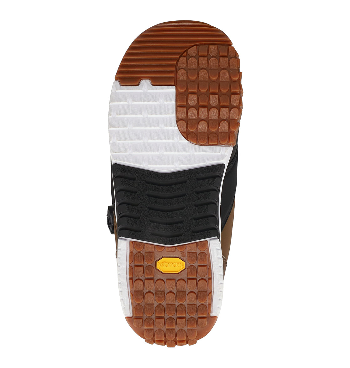 The image displays the sole of the DC Shoes Men’s Judge Snowboard Boots, featuring durable brown, white, and black sections. The textured tread combines square and horizontal patterns for advanced support, and a small yellow Vibram logo appears near the arch.