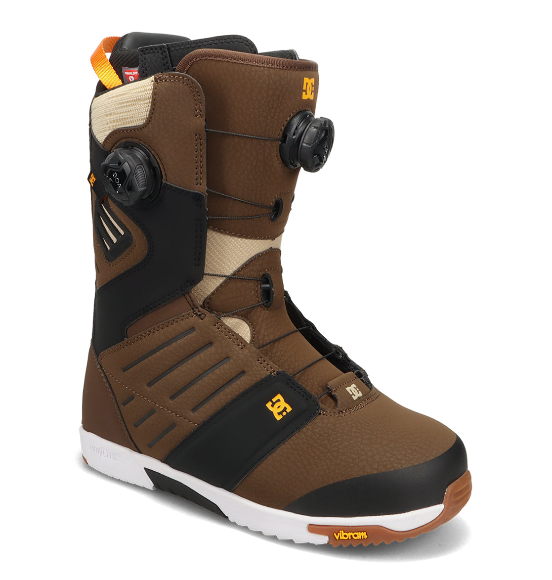 Introducing the DC Shoes Men’s Judge Snowboard Boots: these durable boots feature a brown and black colorway with a white Vibram sole, yellow accents, and dual circular BOA dials for optimal tightening. Designed with advanced support, reinforced padding, and distinctive Vibram branding on the sole, they’re the perfect choice for demanding riders.