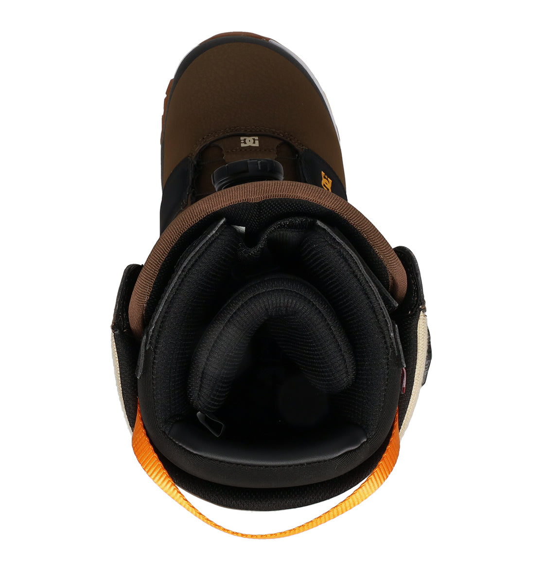 Top view of a single DC Shoes Men’s Judge Snowboard Boot in brown and black, featuring a padded interior, advanced support, and an orange pull loop at the heel for durable performance.