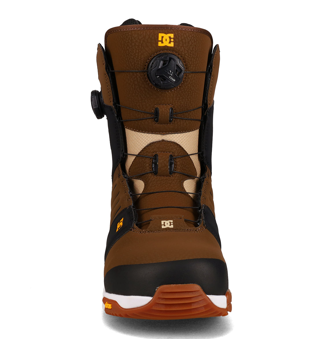 The DC Shoes Men’s Judge Snowboard Boots feature a durable brown and black design with advanced support, a convenient dial lacing system, black accents, and a white-and-brown sole—shown here from the front.