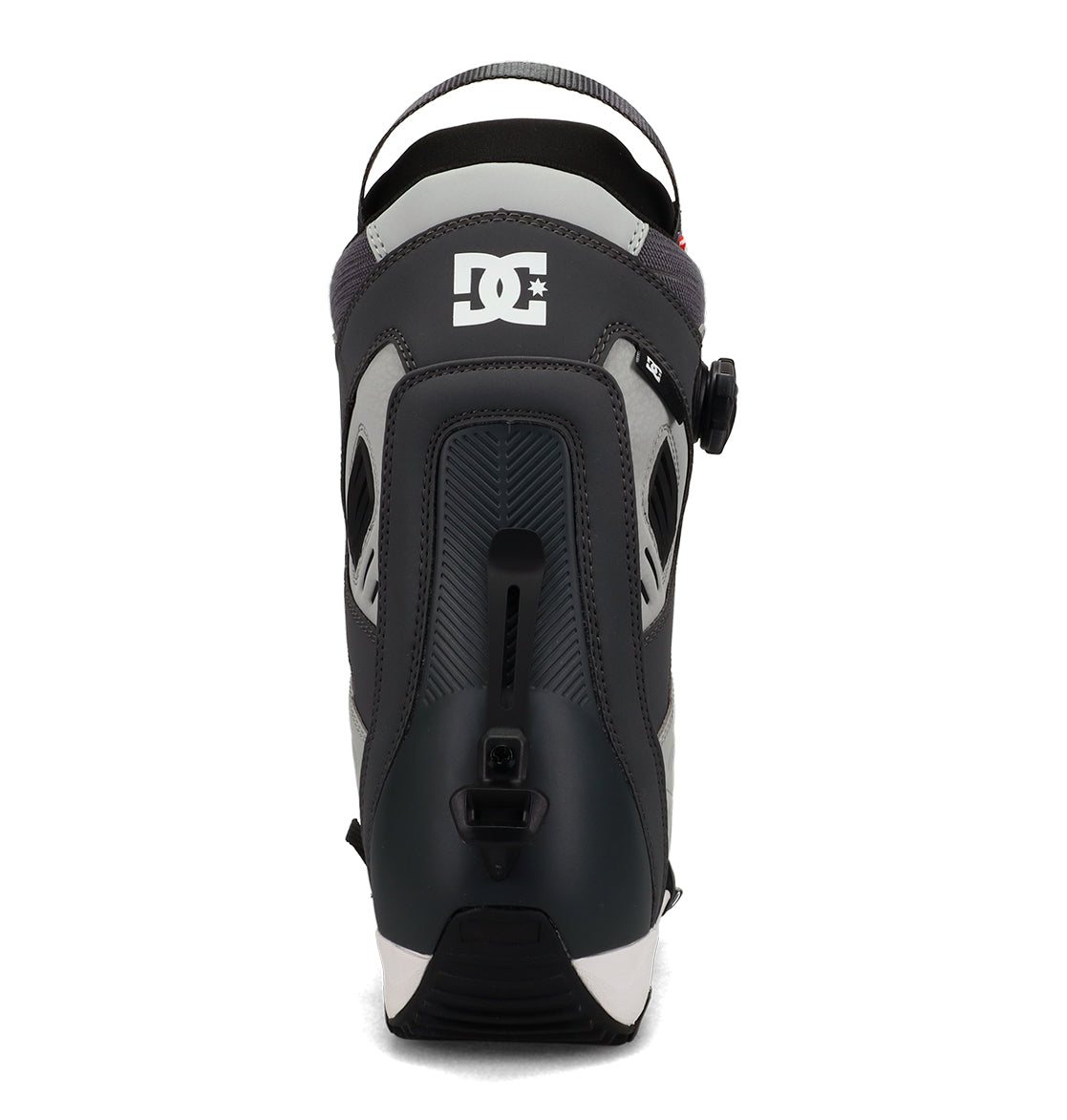 Rear view of a black and gray DC Shoes Men’s Judge Step On® Snowboard Boot with a white logo at the top. The boot features textured panels, a heel loop, and BOA® Fit System adjustment dials on the side.