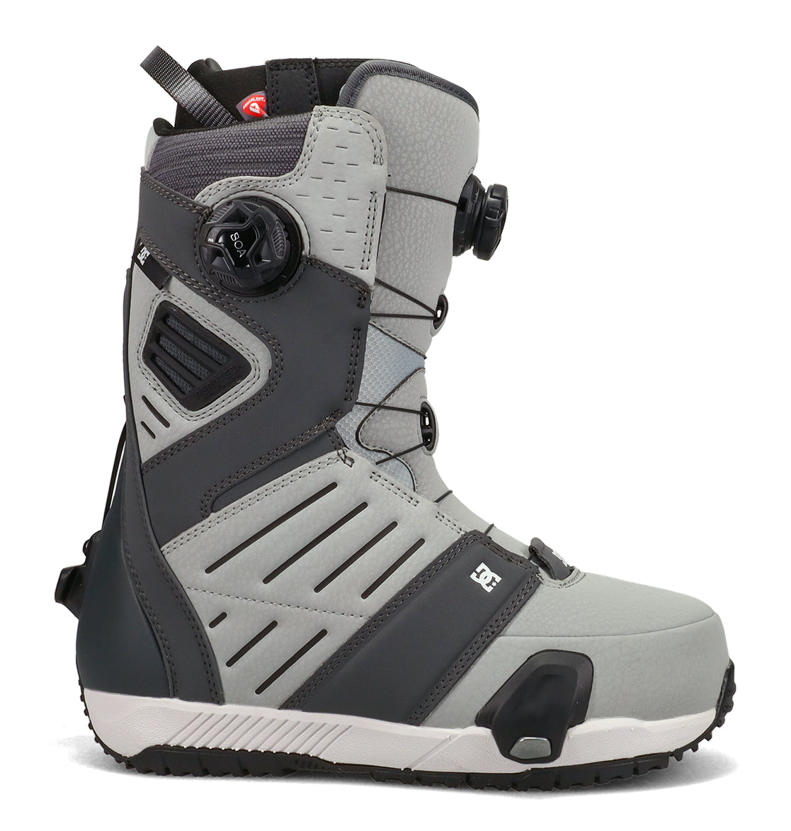 A side view of the Men’s Judge Step On® Snowboard Boots by DC Shoes is displayed on a white background, featuring gray and black colors, the BOA Fit System for lacing, a reinforced toe, a textured sole, and the DC logo near the front.