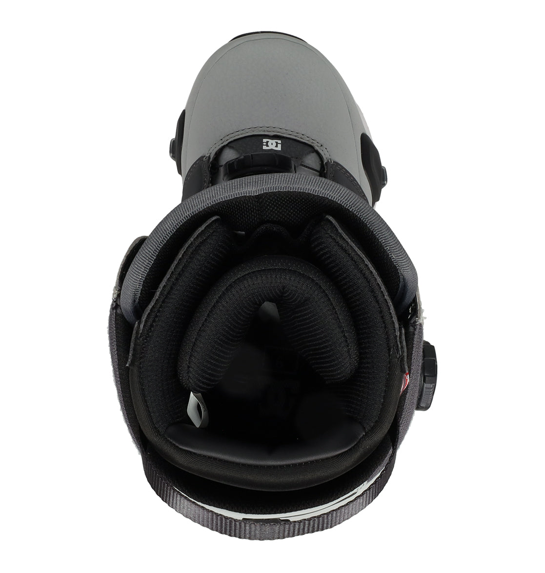 A top-down view of the Men’s Judge Step On® Snowboard Boot by DC Shoes, featuring a gray and black design, padded interior, BOA Fit System, and the DC logo on the tongue.
