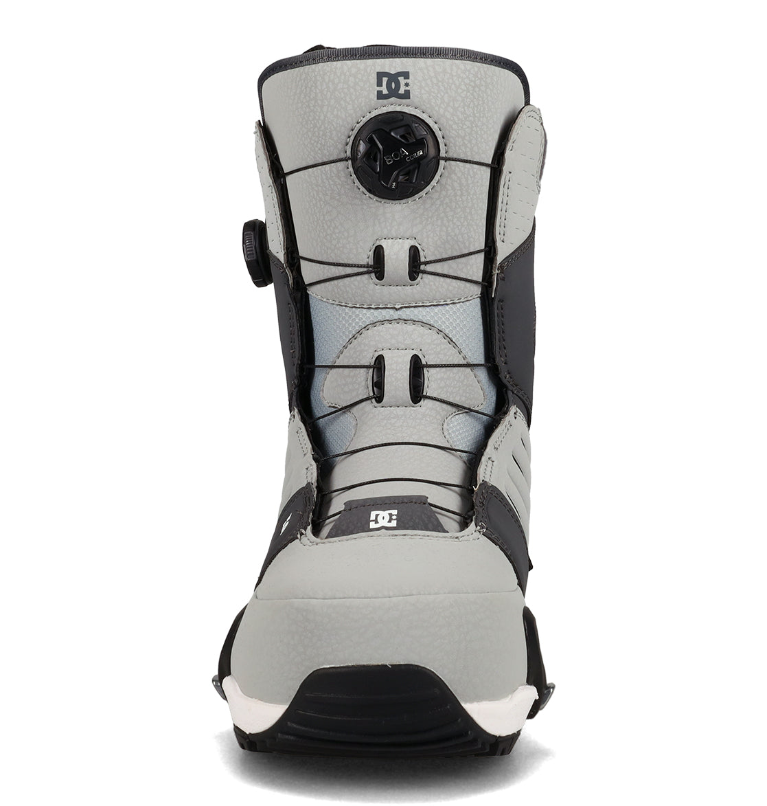 A front view of the DC Shoes Men’s Judge Step On® Snowboard Boots in gray and black, showcasing the central BOA Fit System dial, rugged sole, and distinctive DC logo.