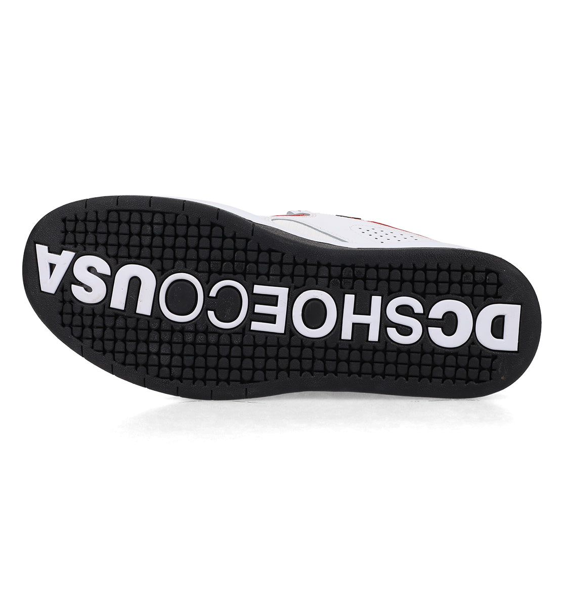 The sole of the Men’s Kalynx Zero Shoes by DC Shoes features a black bottom with large white DSCHOECOUSA text, shown upside down in a style reminiscent of classic DC Shoes skate sneakers.
