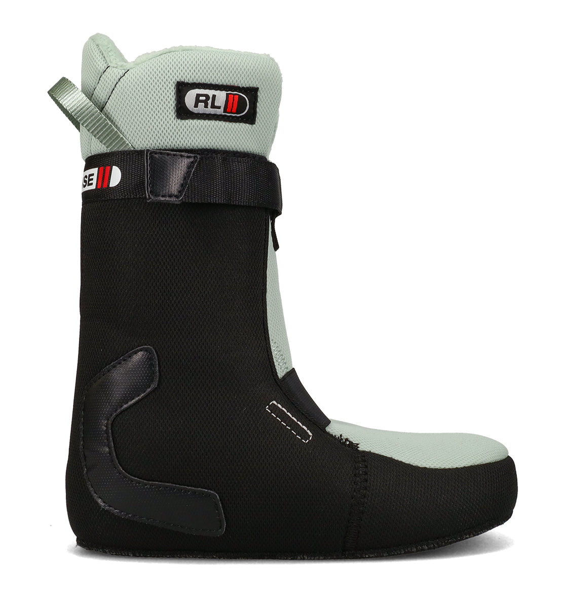 A side view of the DC Shoes Women’s Lotus Snowboard Boot removable liner in black and light gray, featuring a back strap and pull tab for easy adjustment, designed to provide enhanced comfort and support, displayed against a white background.
