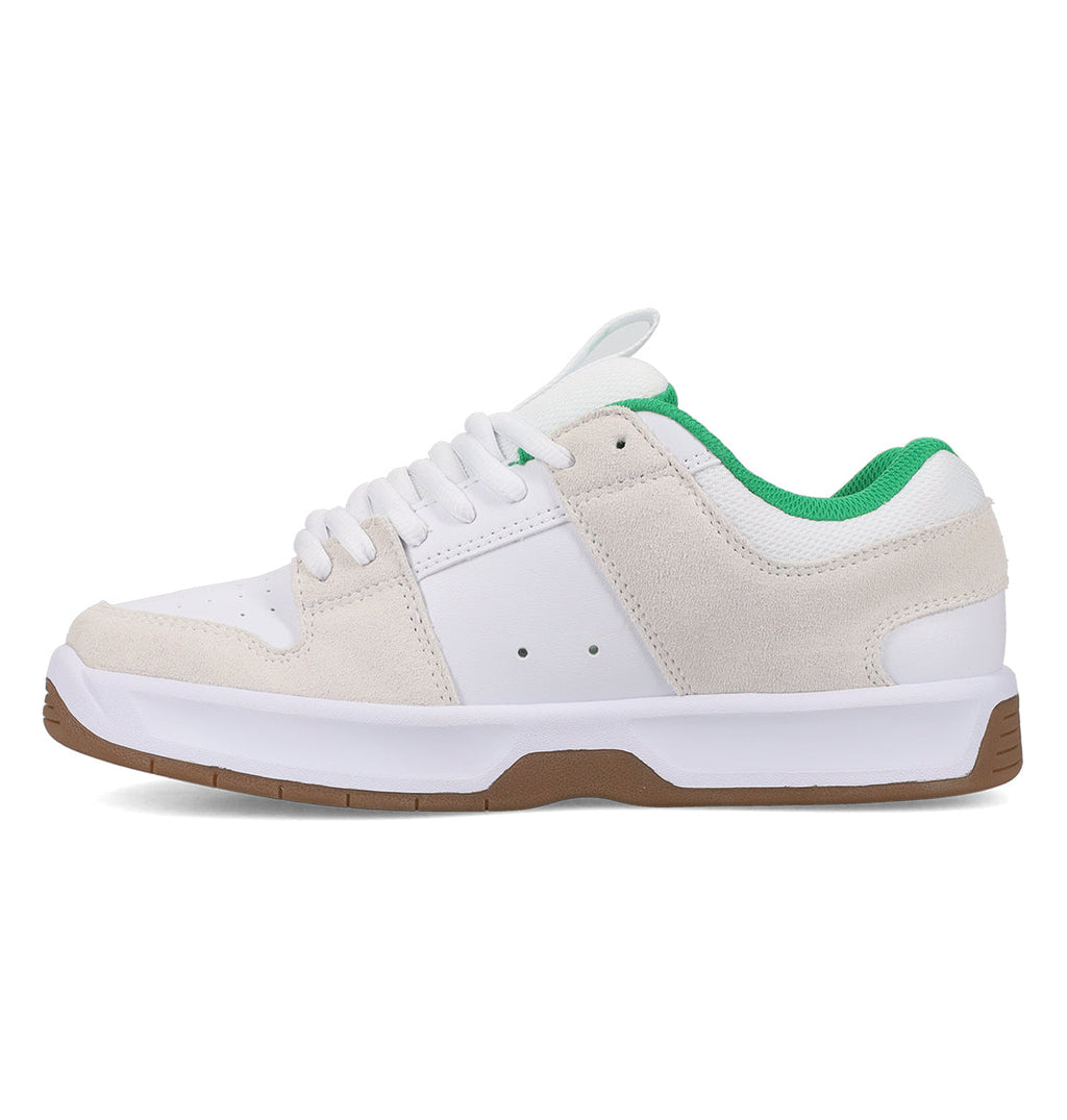 Men’s Lynx Shoes by DC Shoes in white and beige with a green inner lining, white laces, and a brown sole, shown in side profile against a white background. Inspired by the classic DC Lynx Zero design.