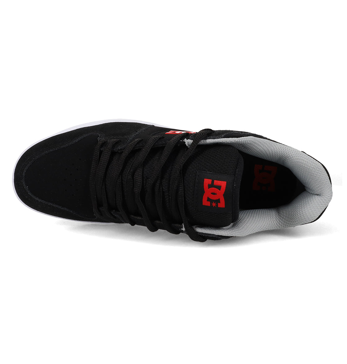 Black DC Shoes Men’s Manteca 4 skate shoe with black laces, gray inner lining, and a red DC logo on the tongue, viewed from above on a white background. Crafted by DC Shoes for modern comfort and reliable performance, these Manteca 4 skate shoes seamlessly blend style with functionality.