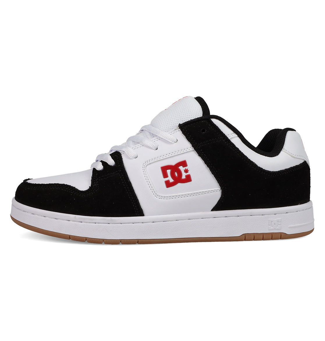 A black and white DC Shoes Men's Manteca 4 skate shoe with a red DC logo, white laces, a white midsole, and a gum-colored outsole for classic style.