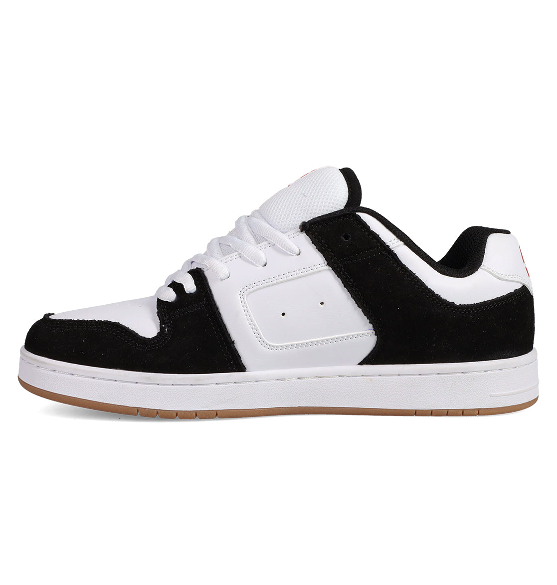 The Men's Manteca 4 Shoes by DC Shoes feature a low-top design with a white sole and upper, black suede overlays and lining, white laces, a gum-colored outsole, and perforations near the midfoot for classic style.