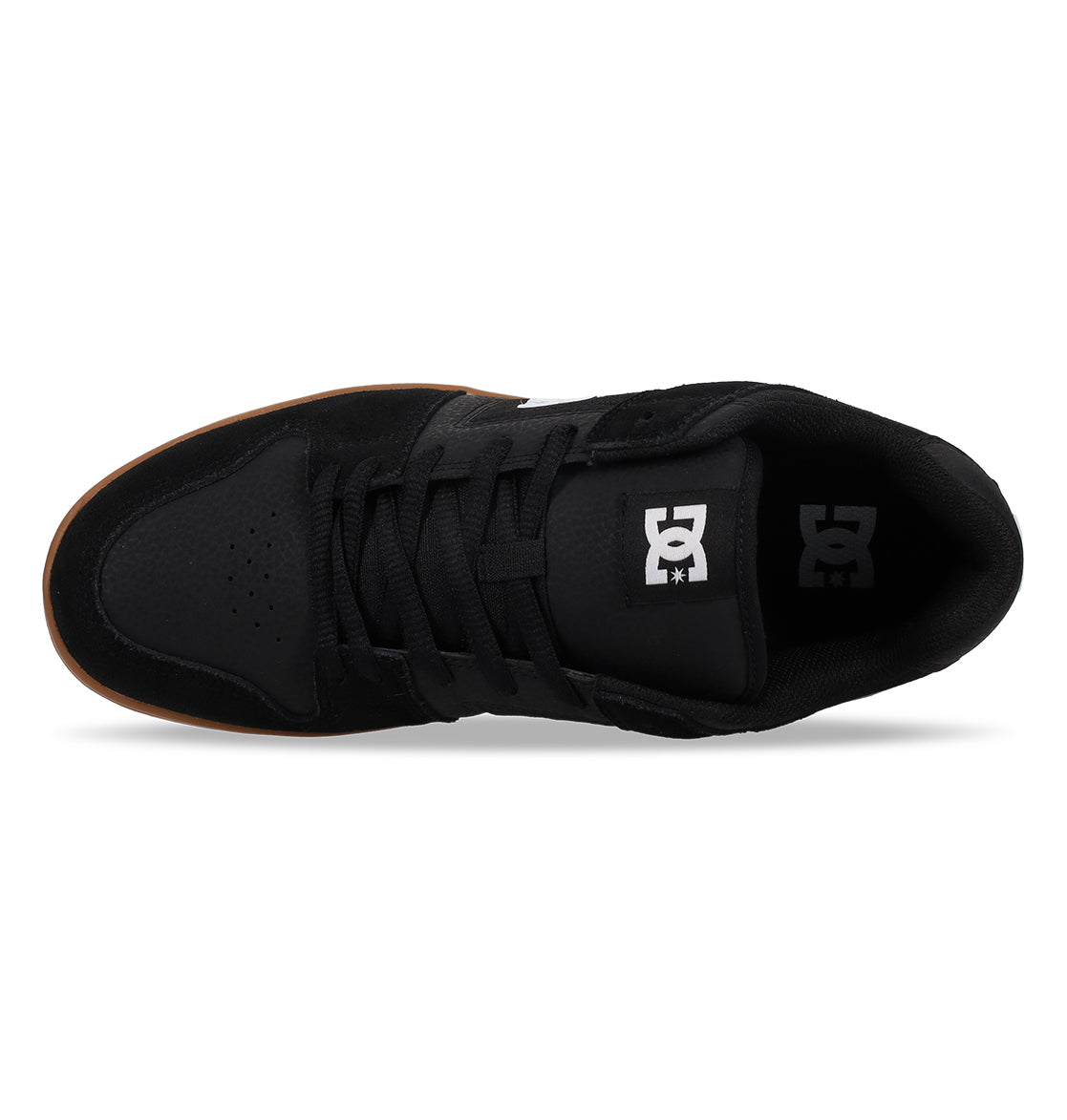 Top view of the DC Shoes Men’s Manteca 4, featuring a black upper with a gum sole, black laces, and the signature white DC logo on the tongue. This skate shoe includes a perforated toe box for ventilation, blending classic style with modern comfort tailored for skaters.