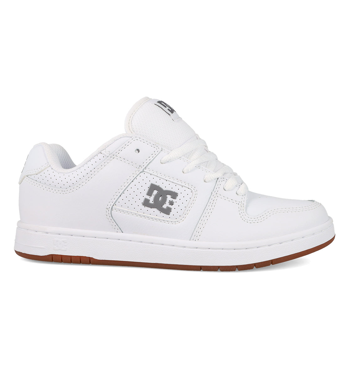 The Women's Manteca 4 Shoes by DC Shoes feature a low-top, performance design with white laces, a gray DC logo, and a brown rubber sole, displayed in side profile on a plain white background.