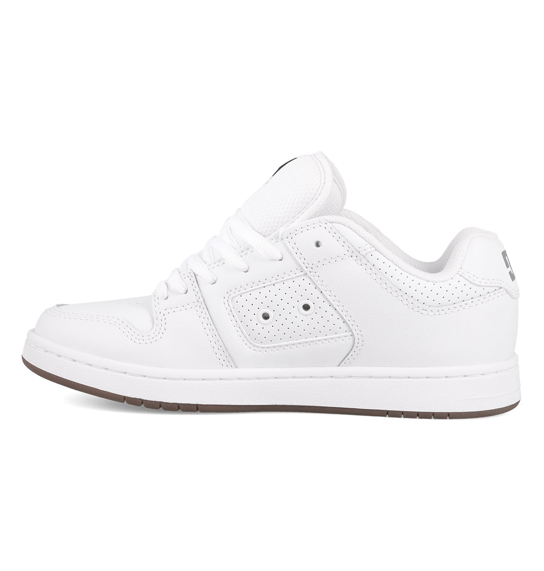 A white low-top sneaker with a rubber sole, white laces, perforated side details, and subtle DC Shoes branding near the heel—the Women’s Manteca 4 Shoes by DC Shoes are shown in a left-facing profile view and boast a performance-focused design that balances style and comfort.
