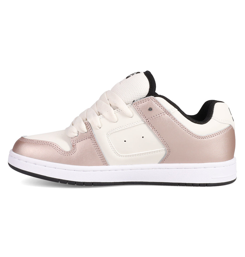 The Women's Manteca 4 Shoes by DC Shoes are low-top sneakers with a cream upper, metallic rose gold accents on the toe and heel, a white sole and laces, plus black trim around the collar and sole.